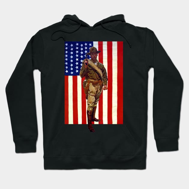 Vintage Soldier with American Flag Hoodie by MasterpieceCafe